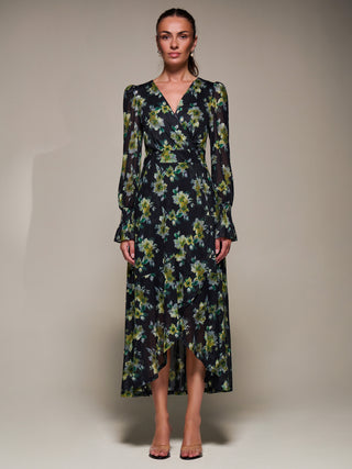 Ruffle Cuffed Sleeve Frill Mesh Maxi Dress, Yellow Floral