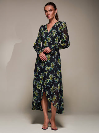Ruffle Cuffed Sleeve Frill Mesh Maxi Dress, Yellow Floral