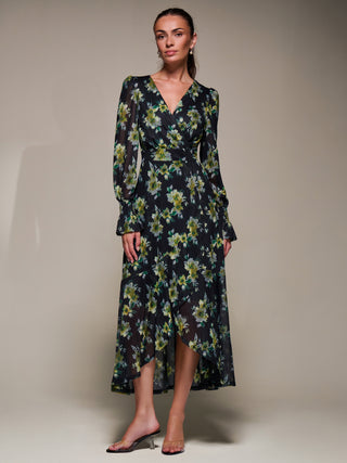 Ruffle Cuffed Sleeve Frill Mesh Maxi Dress, Yellow Floral