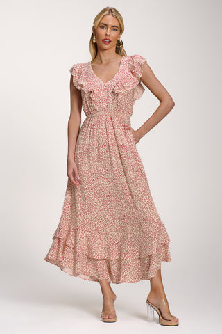 Ruffle V-Neck Viscose Midi Dress, Beige Ditsy