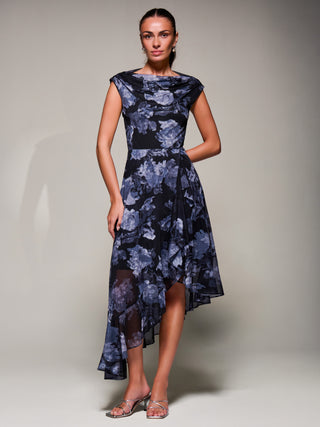 Asymmetrical Draped Mesh Midaxi Dress, Black Abstract