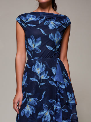 Asymmetrical Draped Mesh Midaxi Dress, Blue Floral