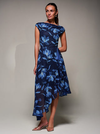 Asymmetrical Draped Mesh Midaxi Dress, Blue Floral