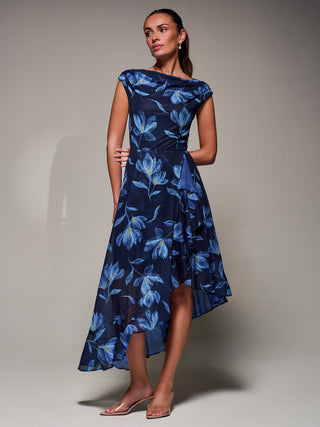 Asymmetrical Draped Mesh Midaxi Dress, Blue Floral