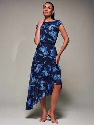 Asymmetrical Draped Mesh Midaxi Dress, Blue Floral