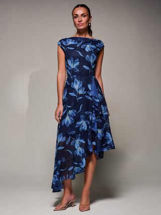 Asymmetrical Draped Mesh Midaxi Dress, Blue Floral