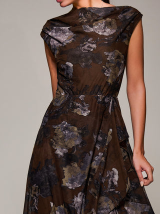 Asymmetrical Draped Mesh Midaxi Dress, Brown Abstract