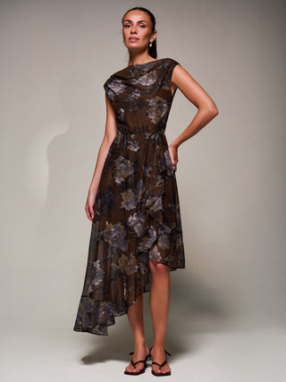 Asymmetrical Draped Mesh Midaxi Dress, Brown Abstract