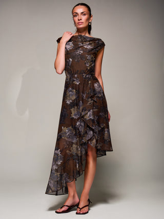 Asymmetrical Draped Mesh Midaxi Dress, Brown Abstract