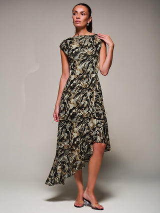 Asymmetrical Draped Mesh Midaxi Dress, Brown Animal