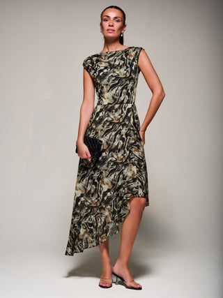 Asymmetrical Draped Mesh Midaxi Dress, Brown Animal