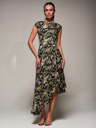 Asymmetrical Draped Mesh Midaxi Dress, Brown Animal