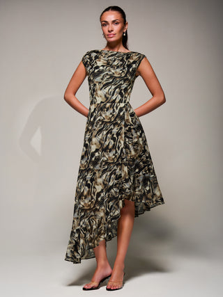 Asymmetrical Draped Mesh Midaxi Dress, Brown Animal
