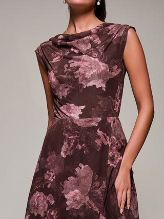 Asymmetrical Draped Mesh Midaxi Dress, Burgundy Abstract