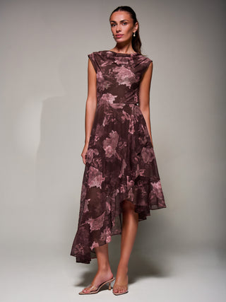 Asymmetrical Draped Mesh Midaxi Dress, Burgundy Abstract