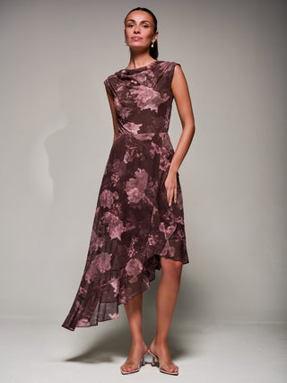 Asymmetrical Draped Mesh Midaxi Dress, Burgundy Abstract