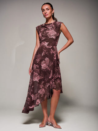 Asymmetrical Draped Mesh Midaxi Dress, Burgundy Abstract