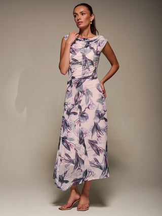 Slash Neck Ruched Mesh Maxi Dress, Beige Floral