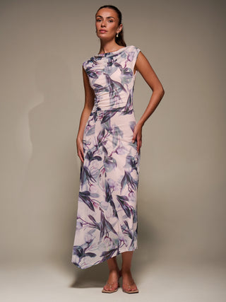 Slash Neck Ruched Mesh Maxi Dress, Beige Floral