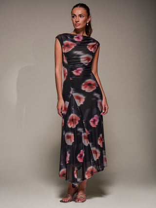 Slash Neck Ruched Mesh Maxi Dress, Black Floral