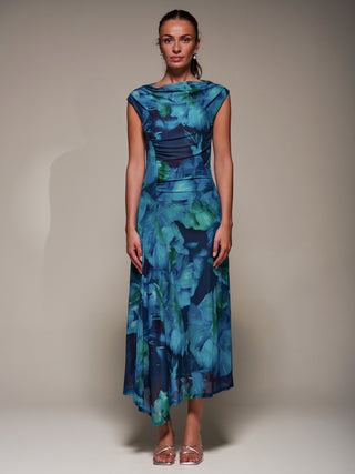 Slash Neck Ruched Mesh Maxi Dress, Blue Abstract