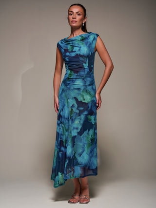 Slash Neck Ruched Mesh Maxi Dress, Blue Abstract