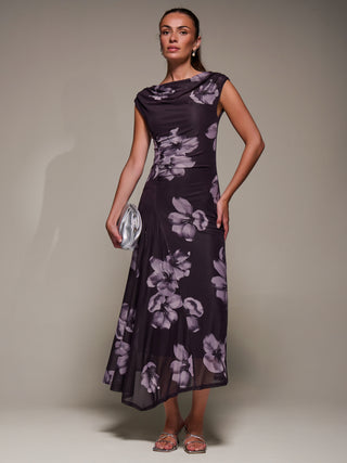 Slash Neck Ruched Mesh Maxi Dress, Purple Floral