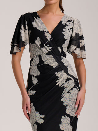 Angel Sleeve Ruched Mesh Bodycon Dress, Beige Floral