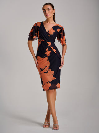 Angel Sleeve Ruched Mesh Bodycon Dress, Orange Floral