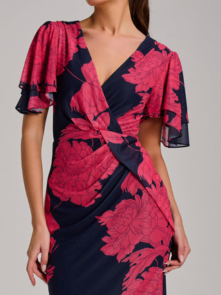 Angel Sleeve Ruched Mesh Bodycon Dress, Red Floral
