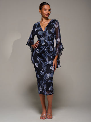 Ruffle Sleeve Ruched Mesh Bodycon Dress, Black Floral