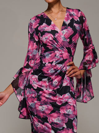 Ruffle Sleeve Ruched Mesh Bodycon Dress, Pink Floral