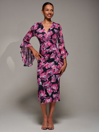 Ruffle Sleeve Ruched Mesh Bodycon Dress, Pink Floral