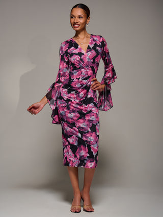 Ruffle Sleeve Ruched Mesh Bodycon Dress, Pink Floral
