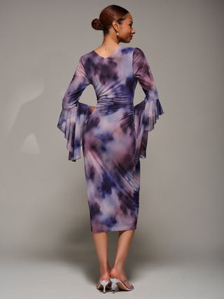 Ruffle Sleeve Ruched Mesh Bodycon Dress, Purple Abstract