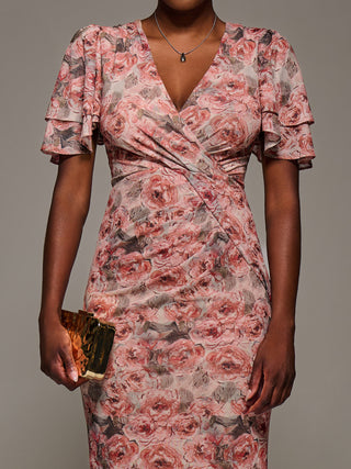 Angel Sleeve Mesh Bodycon Dress, Pink Abstract