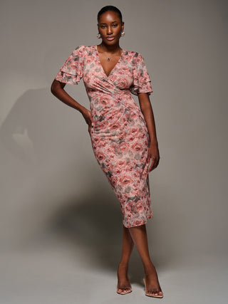 Angel Sleeve Mesh Bodycon Dress, Pink Abstract