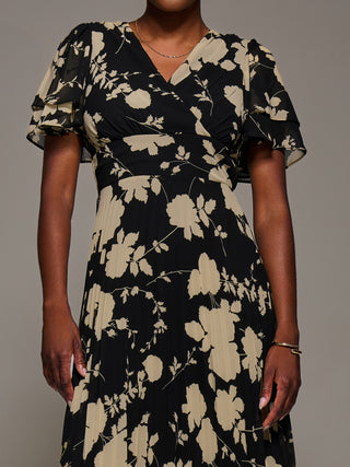 Chiffon Ruffle Sleeve Pleated Maxi Dress, Black Floral
