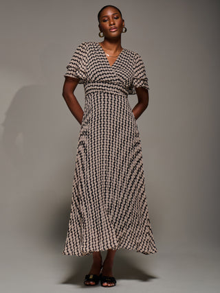 Chiffon Ruffle Sleeve Pleated Maxi Dress, Black Geo