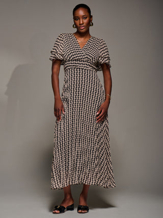 Chiffon Ruffle Sleeve Pleated Maxi Dress, Black Geo