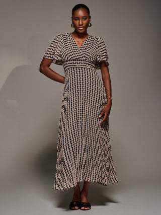 Chiffon Ruffle Sleeve Pleated Maxi Dress, Black Geo