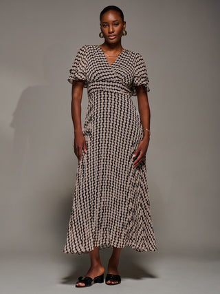 Chiffon Ruffle Sleeve Pleated Maxi Dress, Black Geo