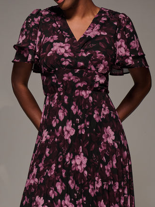 Chiffon Ruffle Sleeve Pleated Maxi Dress, Purple Floral