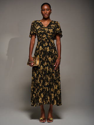 Chiffon Ruffle Sleeve Pleated Maxi Dress, Yellow Floral