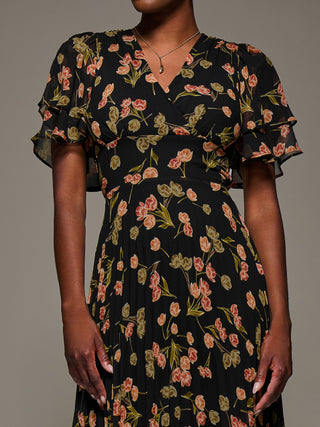 Angel Sleeve Pleated Chiffon Midaxi Dress, Black Floral