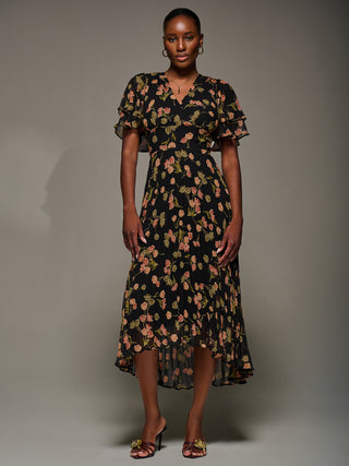 Angel Sleeve Pleated Chiffon Midaxi Dress, Black Floral