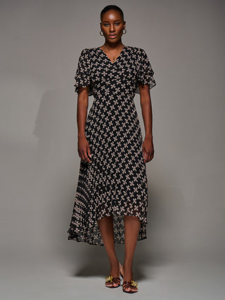 Angel Sleeve Pleated Chiffon Midaxi Dress, Black Geo
