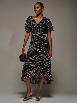 Angel Sleeve Pleated Chiffon Midaxi Dress, Black Spot