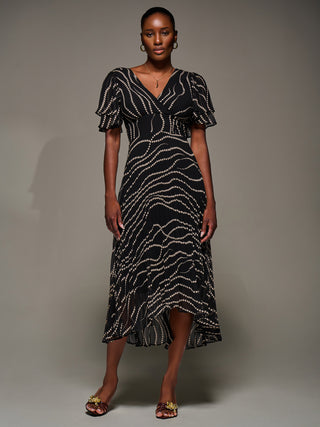 Angel Sleeve Pleated Chiffon Midaxi Dress, Black Spot