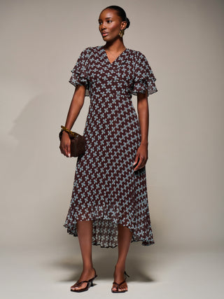 Angel Sleeve Pleated Chiffon Midaxi Dress, Brown Geo